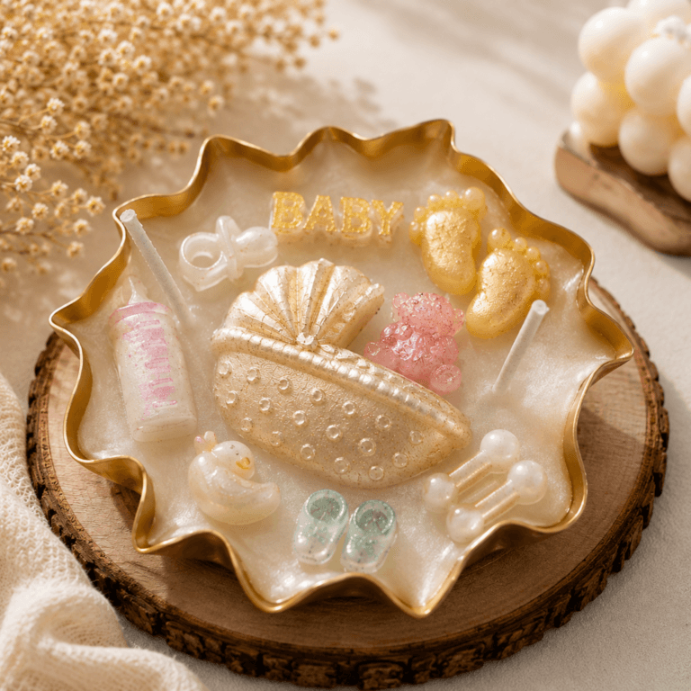 Baby shower keepsake candle with baby themed decorations